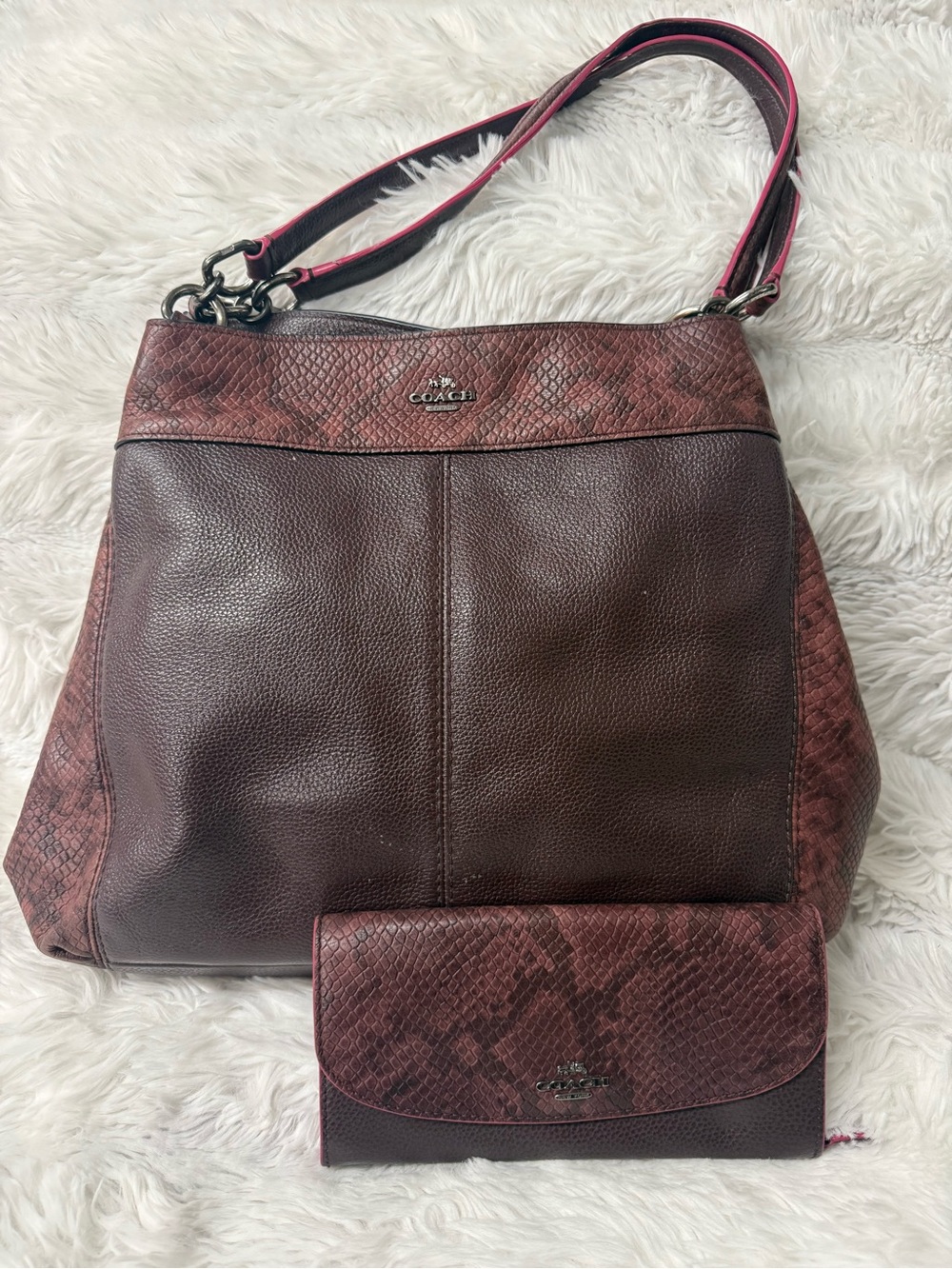 Coach Two-Tone Burgundy Snake-Accent Leather Shoulder Bag with Wallet